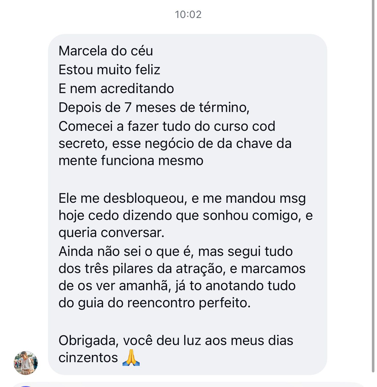 Mensagem real de aluna do Código Secreto do Amor — depoimento 4